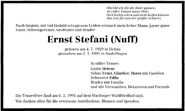 Stefani Ernst 1929-1991 Todesanzeige